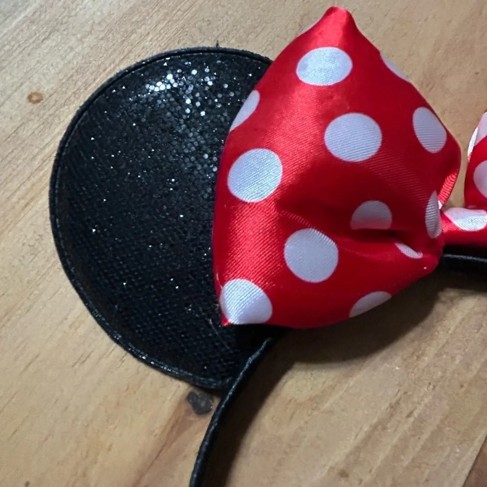 Red Minnie Mouse Polka Dot Bow Disney Headband with Black glitter Ears